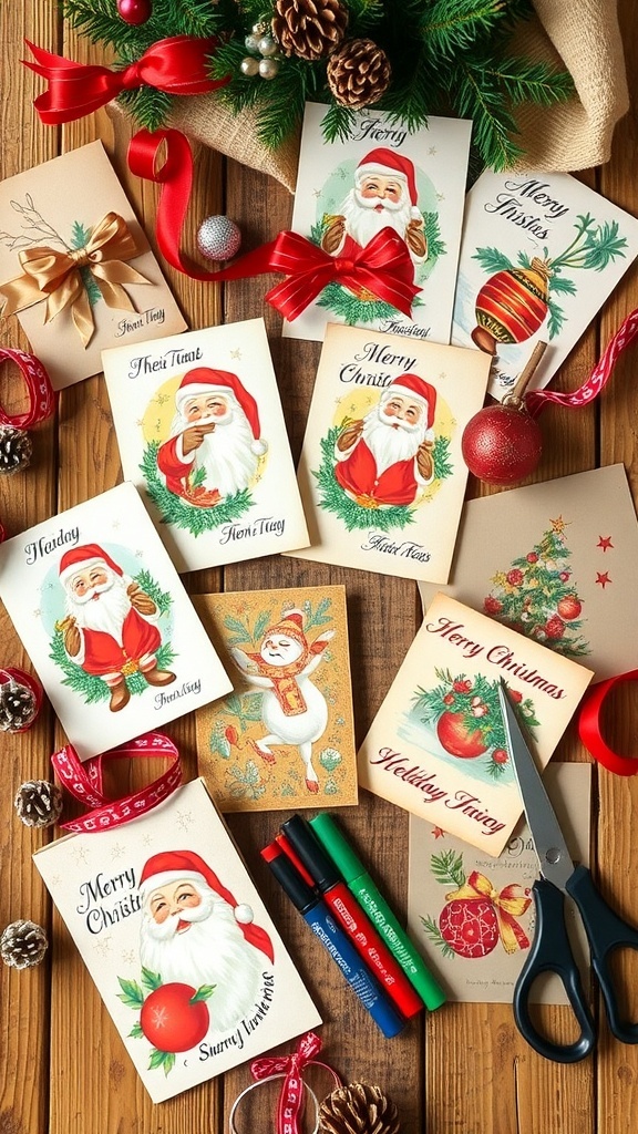 A collection of vintage Christmas cards with classic designs on a wooden table with crafting supplies.